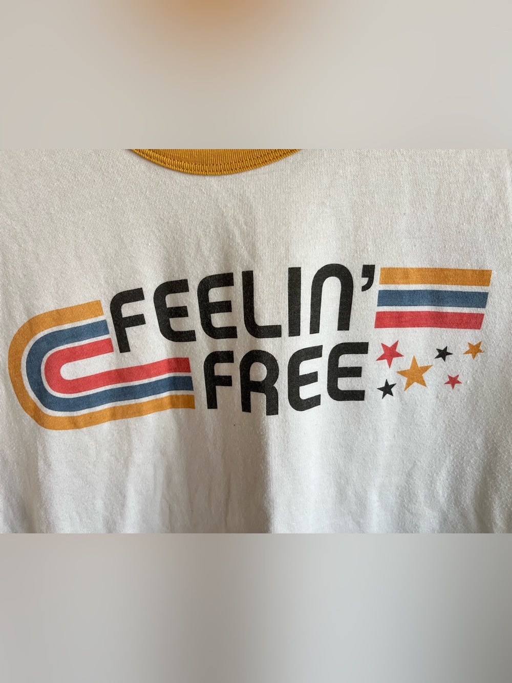 Junk Food Clothing White Tee with Mustard, Red & Blue Retro Stripes